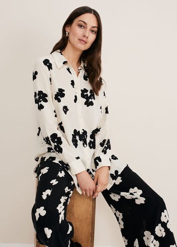 Phase Eight Rae Floral Longline Shirts Black/White Canada | FNIBLQ-264